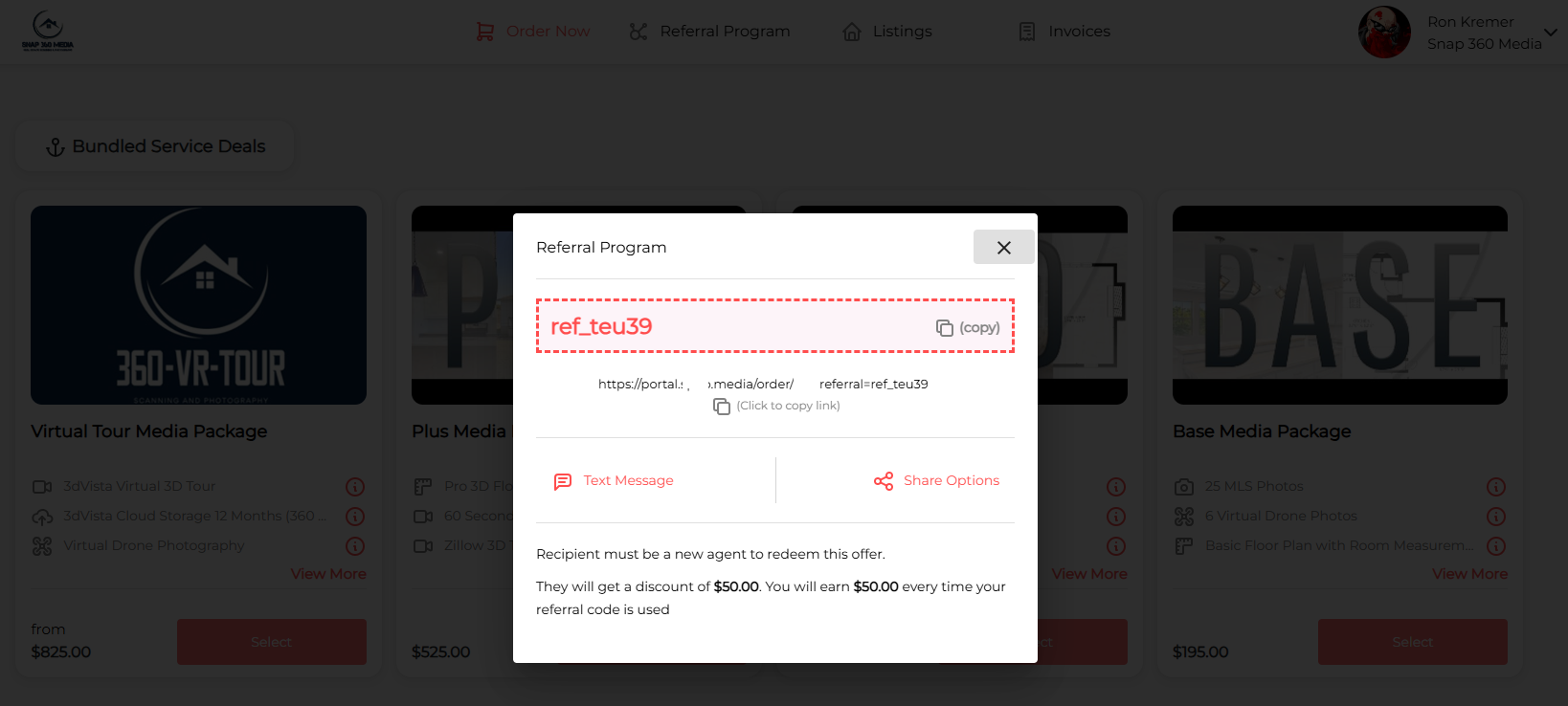 Referral popup showing referral code and sharing options